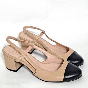 French Sole Baton Beige Nude Black Cap Toe Slingbacks